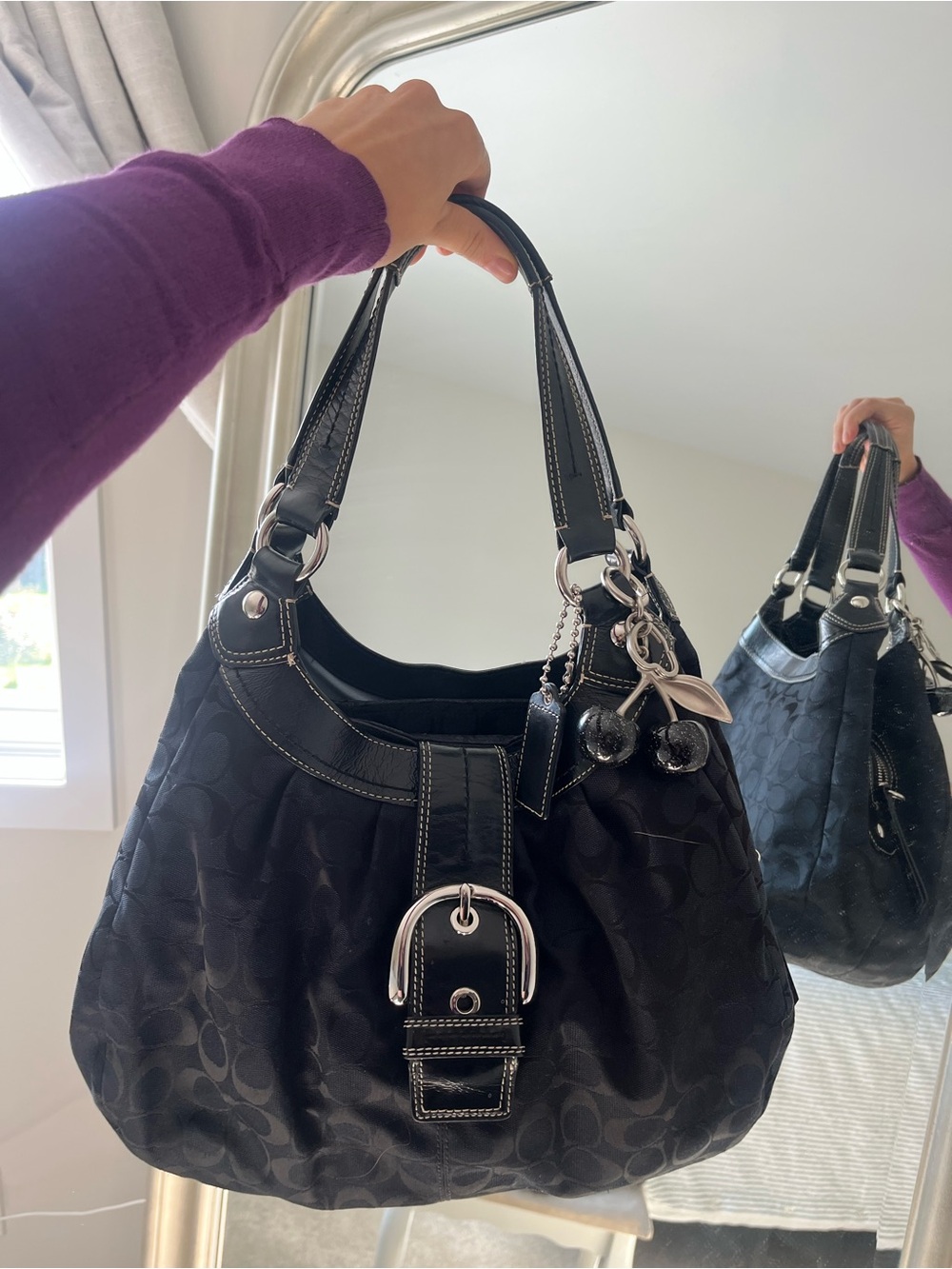 Coach Black Signature SoHo Hobo Bag with Silver Hardware